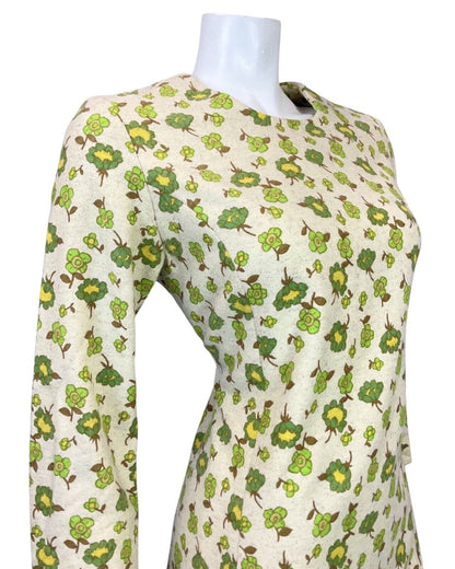 VINTAGE 60s 70s CREAM GREEN YELLOW FLORAL LEAFY DAISY MOD WOOL SHIFT DRESS 10 12