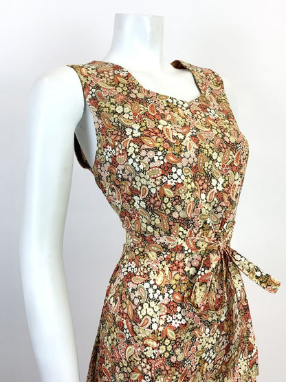 VTG 60s 70s CREAM GREEN RED BROWN FLORAL DITSY PAISLEY PSYCHEDELIC DRESS 12 14
