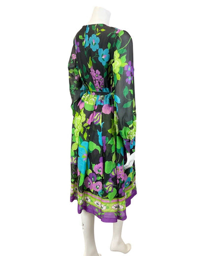 VINTAGE 60s 70s BLACK GREEN PURPLE FLORAL SHEER FLOATY SWING DRESS 14 16