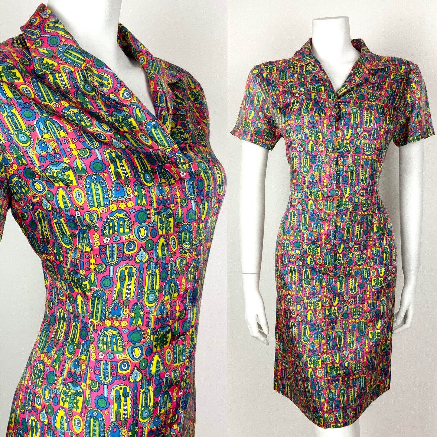 VINTAGE 60s 70s PINK BLUE GREEN YELLOW PSYCHEDELIC FLORAL SHIRT DRESS 12 14