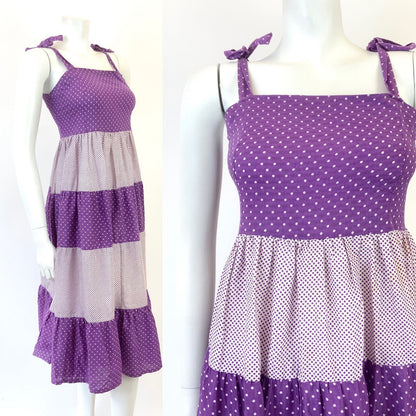 VINTAGE 60s 70s PURPLE WHITE POLKA-DOT TIERED STRAPPY BOHO TENT SUN DRESS 8 10