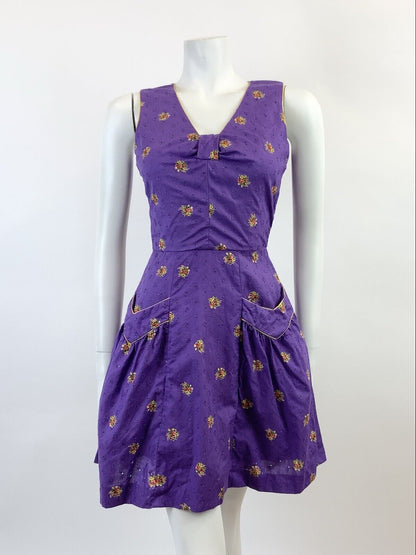 VINTAGE 60s 70s PURPLE YELLOW ANGLAISE EMBROIDERED FLORAL ROSE MOD DRESS 8