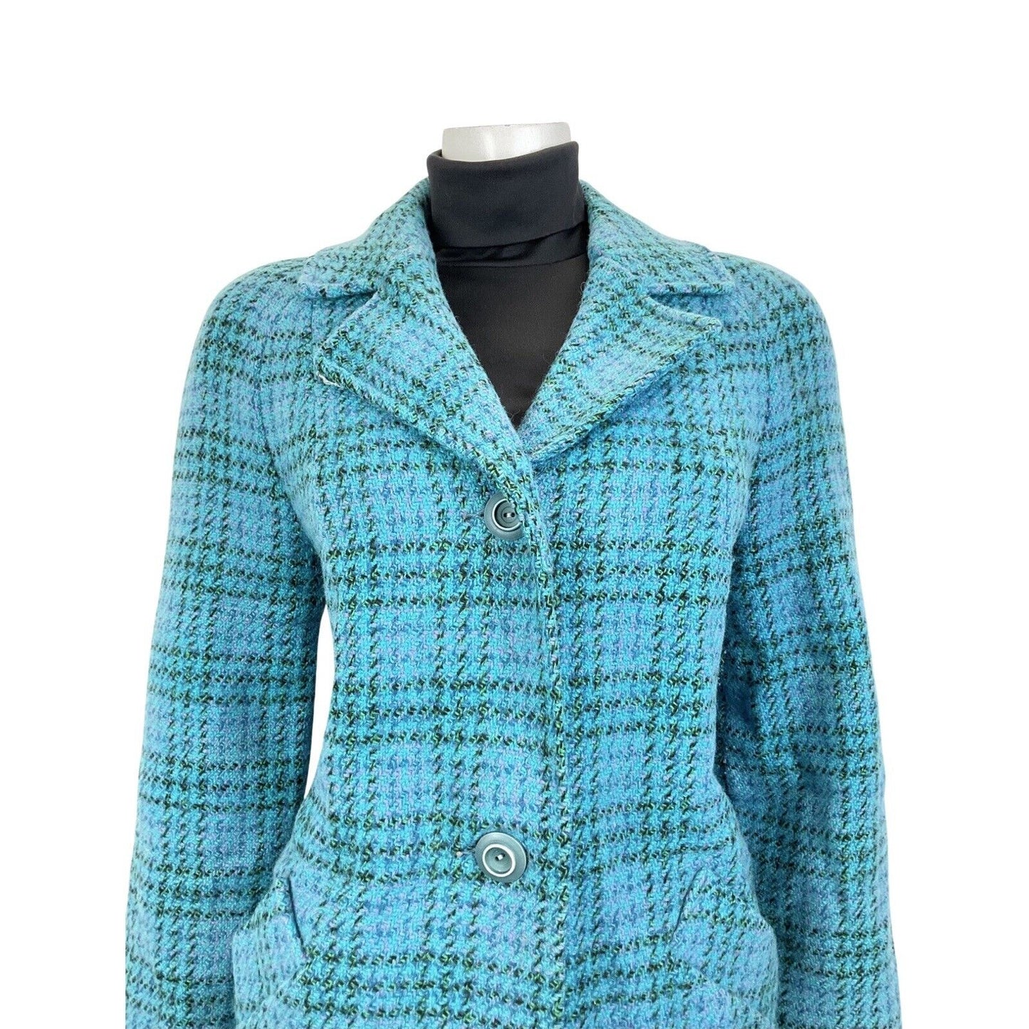 VINTAGE 60s 70s TEAL BLUE PURPLE GREEN PLAID CHECKED MOD WOOL COAT 14