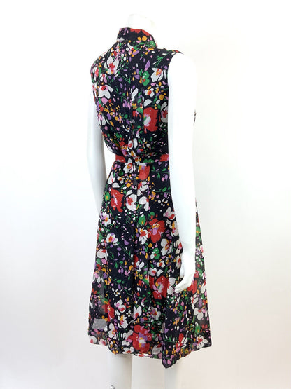 VTG 60s 70s BLACK RED WHITE GREEN FLORAL BELTED MOD SLEEVELESS SHIRT DRESS 12 14