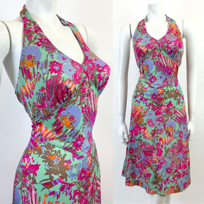 VINTAGE 60s 70s GREEN PINK ORANGE FLORAL HAWAIIAN HALTER MOD SWING DRESS 8 10