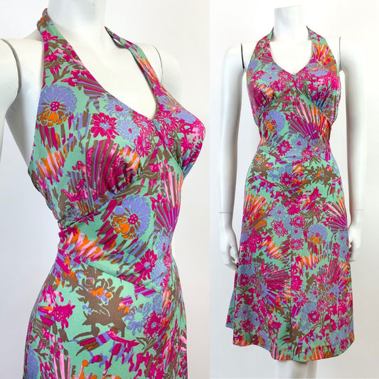 VINTAGE 60s 70s GREEN PINK ORANGE FLORAL HAWAIIAN HALTER MOD SWING DRESS 8 10