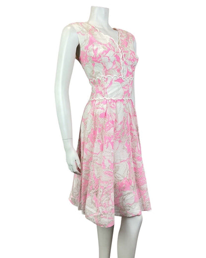 VINTAGE 60s 70s BRIGHT PINK WHITE FLORAL SCALLOPED SLEEVELESS DRESS 12 14