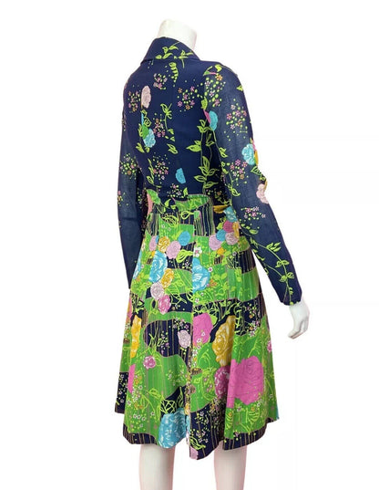 VTG 60s 70s BLUE PINK GREEN FLORAL GARDEN ROSE SHEER DAGGER SHIRT DRESS 10 12