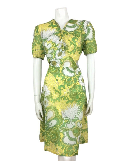 PSYCHEDELIC 70S VINTAGE YELLOW GREEN WHITE FLORAL DRESS 14