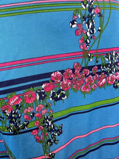 VINTAGE 60s 70s BLUE PINK WHITE FLORAL DAISY STRIPED SUMMER HALTER DRESS 12 14