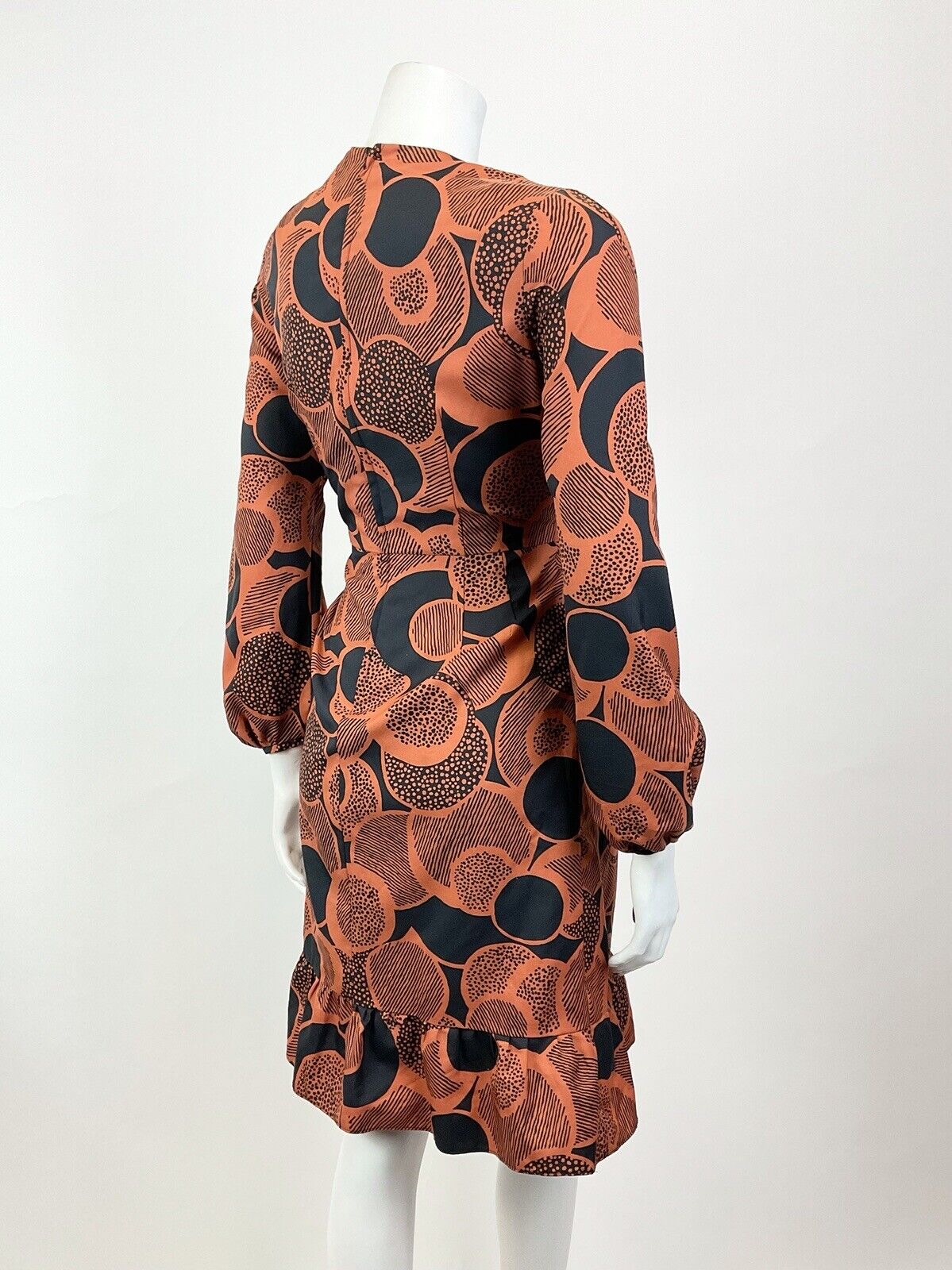 VINTAGE 60s 70s BURNT ORANGE BLACK PSYCHEDELIC CIRCLE MOD RUFFLE DRESS 8