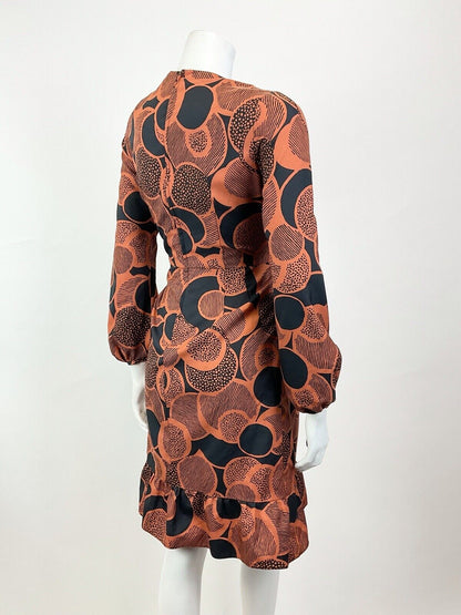 VINTAGE 60s 70s BURNT ORANGE BLACK PSYCHEDELIC CIRCLE MOD RUFFLE DRESS 8
