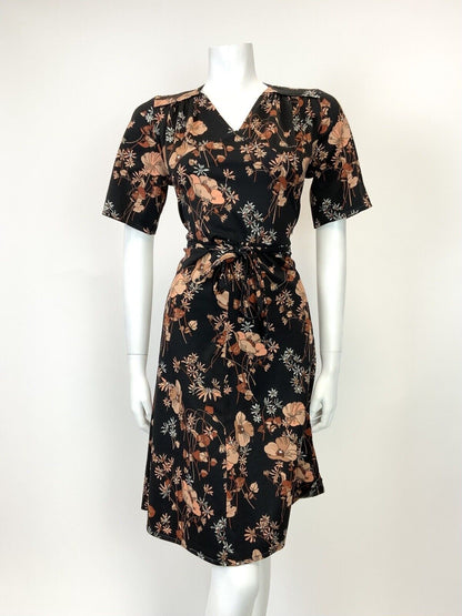 VTG 60s 70s BLACK PEACH BROWN BEIGE FLORAL LEAFY BELTED SHORT SLEEVE DRESS 12 14