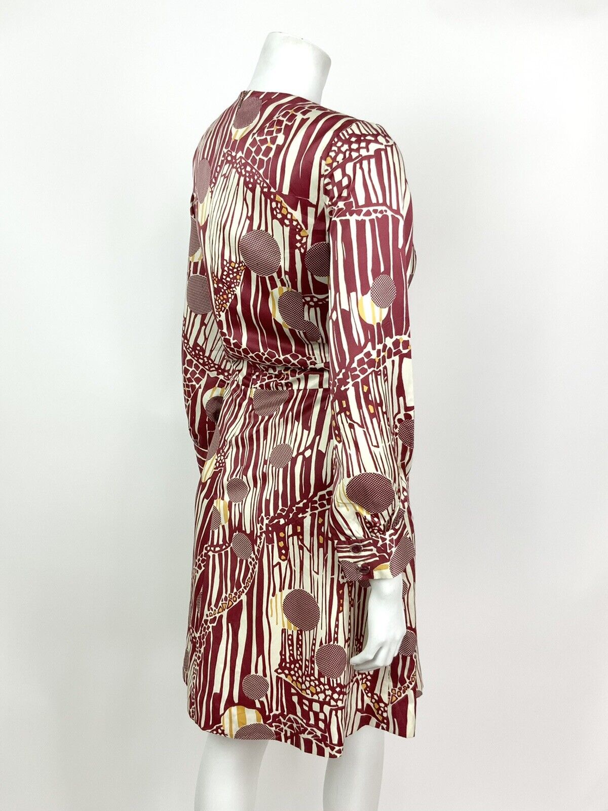 VINTAGE 60s 70s CHERRY RED WHITE GOLD GEOMETRIC PSYCHEDELIC DRESS 12 14