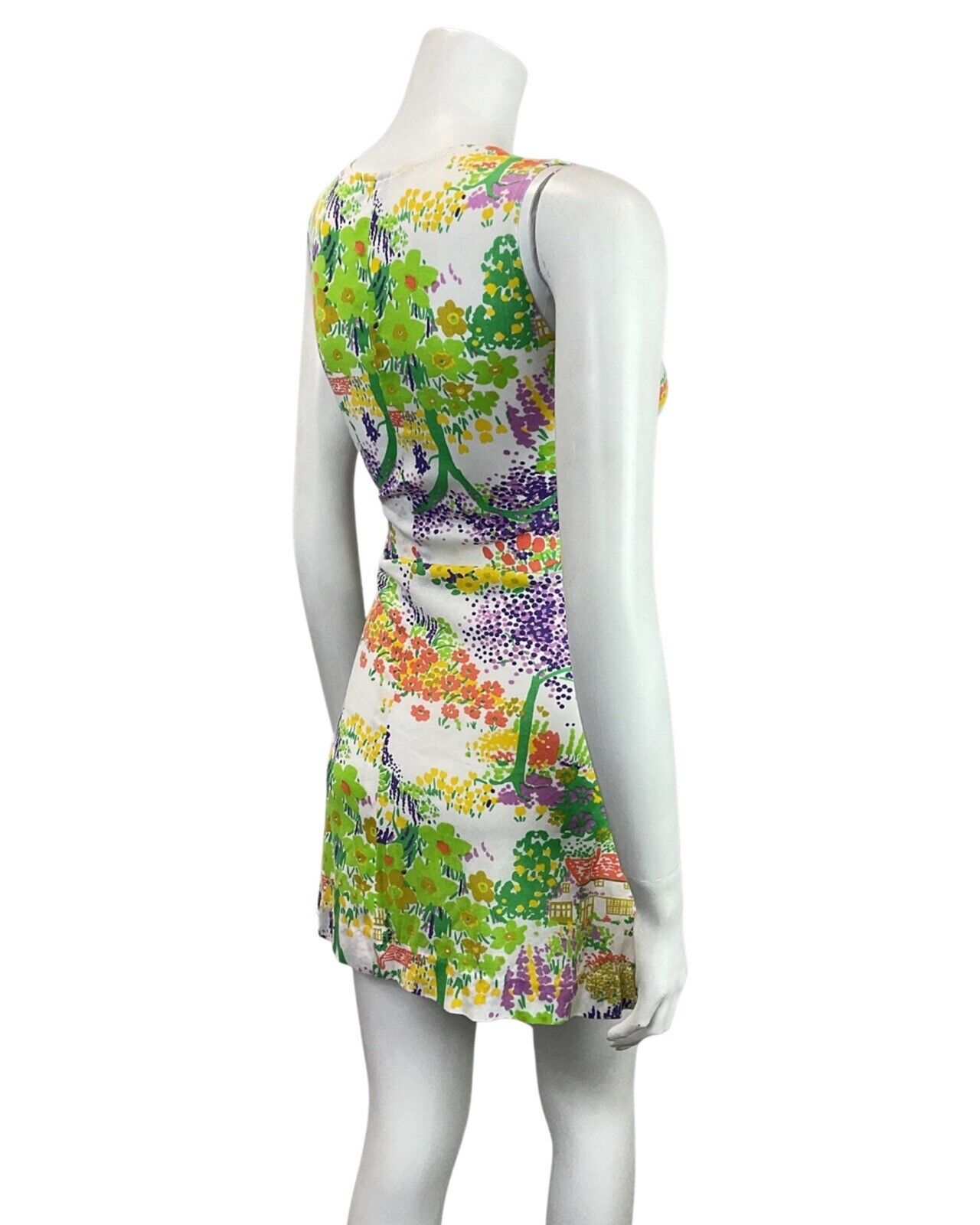 VINTAGE 60s 70s WHITE GREEN PURPLE FLORAL TREE COTTAGE SUMMER SHORT DRESS 8