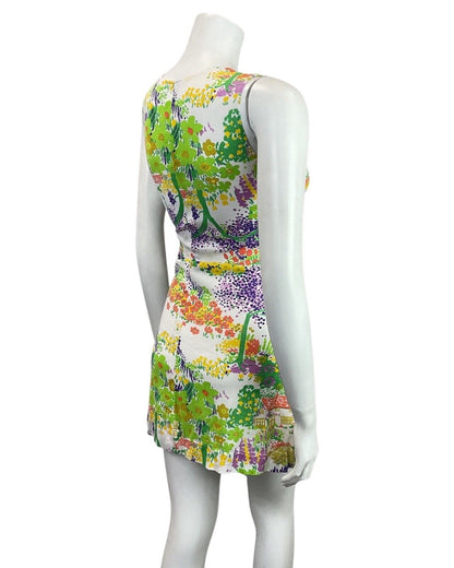 VINTAGE 60s 70s WHITE GREEN PURPLE FLORAL TREE COTTAGE SUMMER SHORT DRESS 8