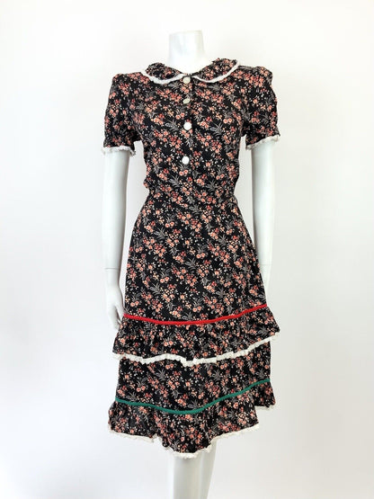VINTAGE 60s 70s BLACK WHITE RED PEACH FLORAL DITSY PRAIRIE BOHO DRESS 8 10