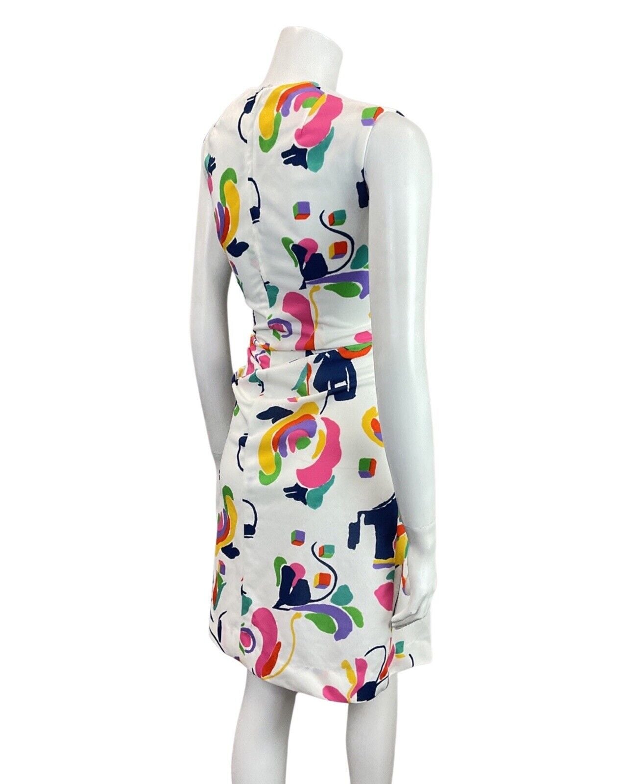 VINTAGE 60s 70s WHITE BLUE PINK GREEN ABSTRACT SLEEVELESS MOD DRESS 14 16