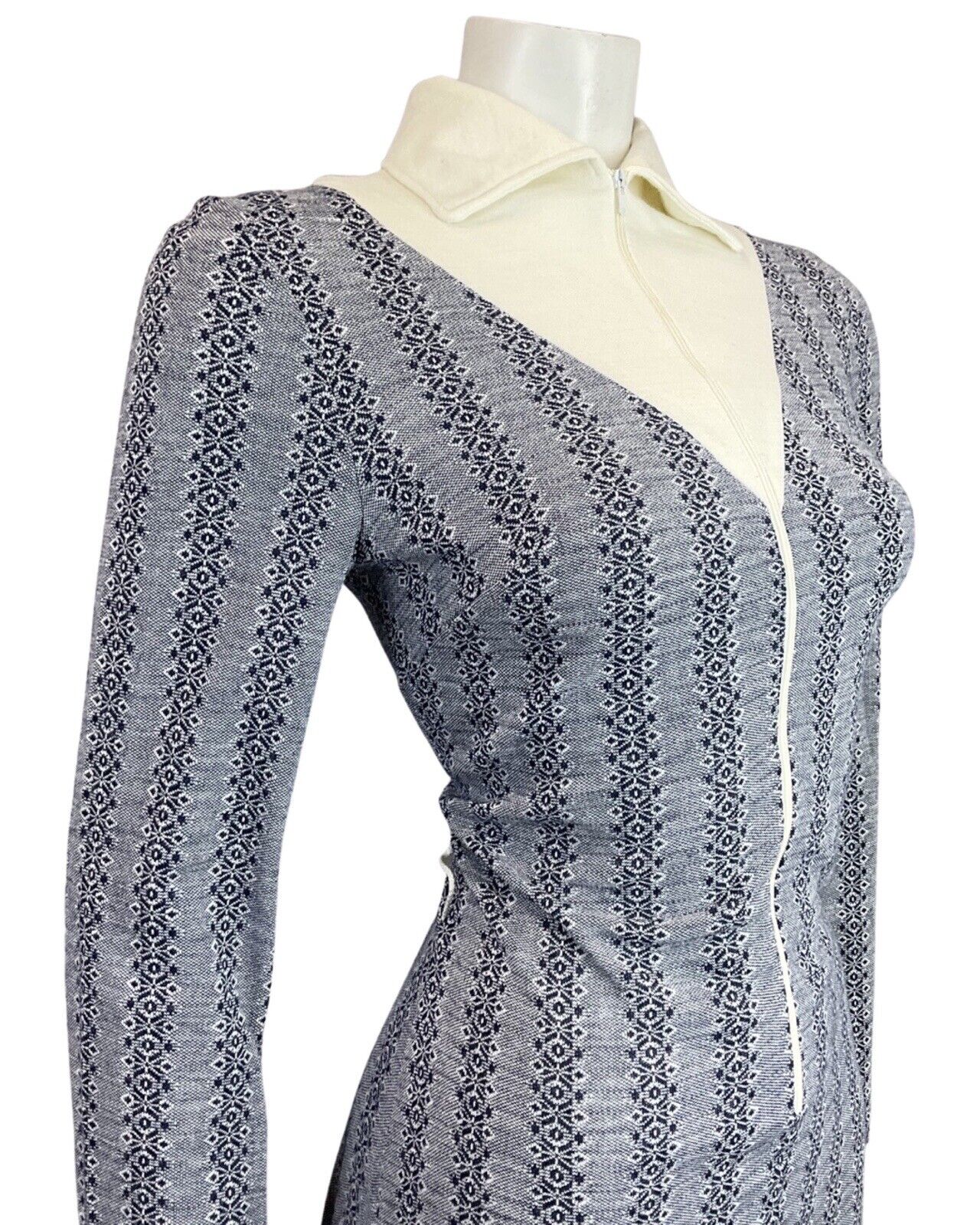 VINTAGE 60s 70s NAVY BLUE CREAM STRIPED ZIP-UP MOD FITTED SHIRT DRESS 10 12