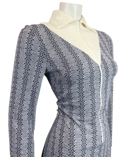 VINTAGE 60s 70s NAVY BLUE CREAM STRIPED ZIP-UP MOD FITTED SHIRT DRESS 10 12