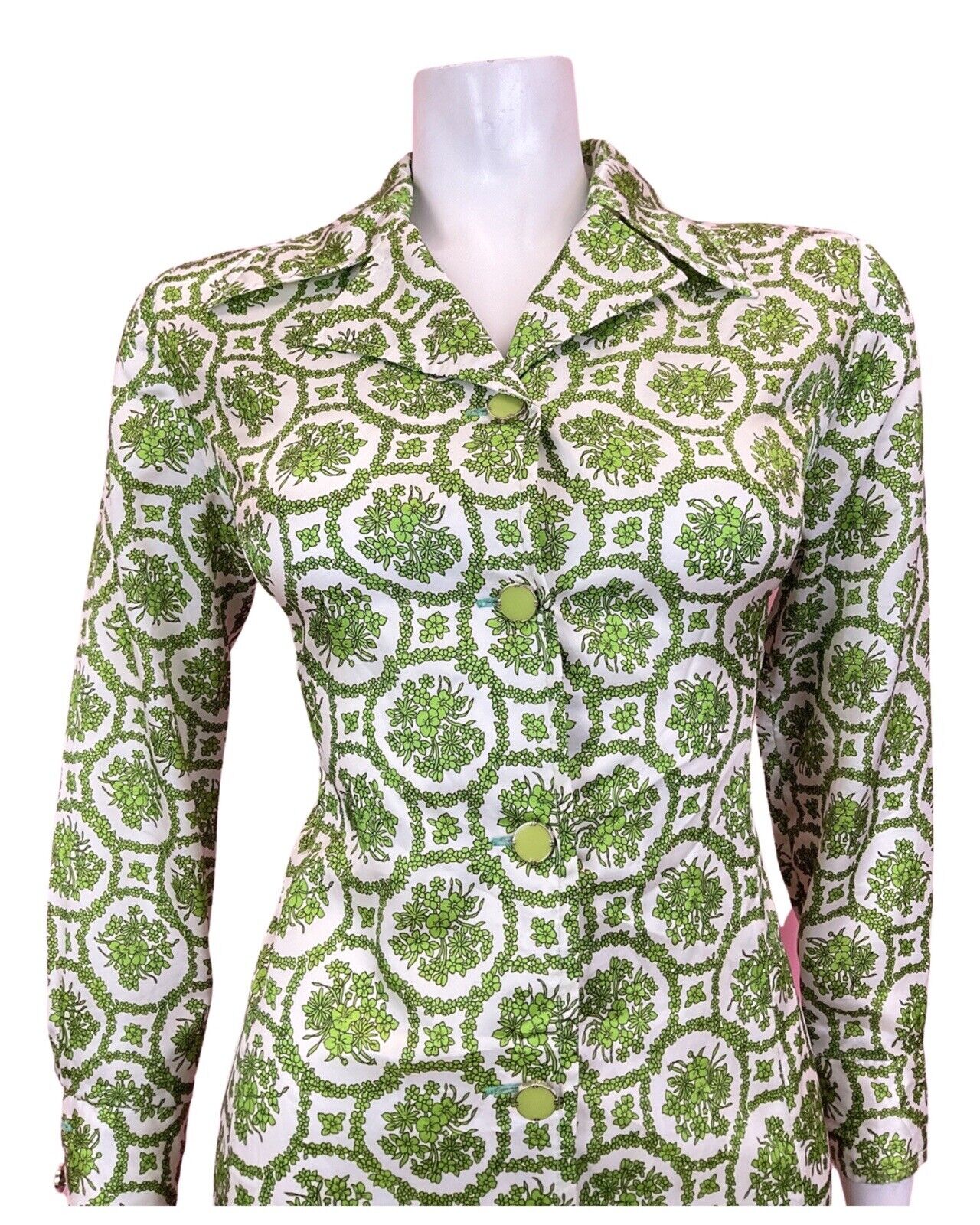 VINTAGE 60s 70s WHITE GREEN FLORAL DAISY CHAIN MOD DAGGER SHIRT DRESS 10 12