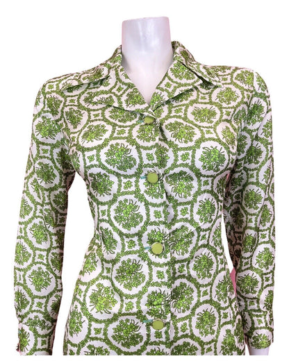 VINTAGE 60s 70s WHITE GREEN FLORAL DAISY CHAIN MOD DAGGER SHIRT DRESS 10 12