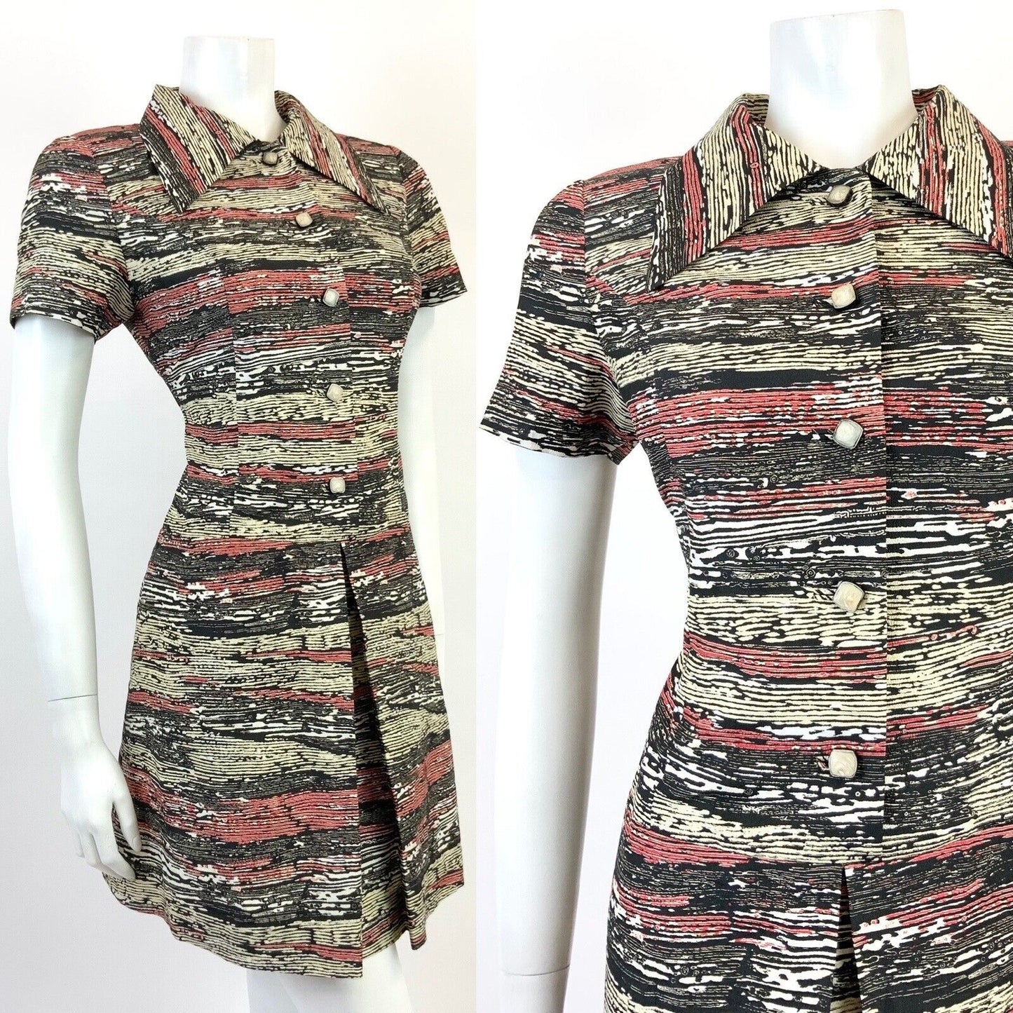 VINTAGE 60s 70s CREAM BLACK RED STRIPED WOOD GRAIN MOD DAGGER SHIRT DRESS 10 12