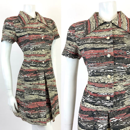 VINTAGE 60s 70s CREAM BLACK RED STRIPED WOOD GRAIN MOD DAGGER SHIRT DRESS 10 12