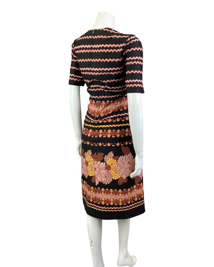VINTAGE 60s 70s BLACK PINK ORANGE STRIPED FLORAL SUMMER DRESS 12 14