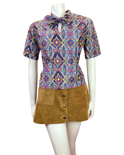VTG 60s 70s PURPLE BLUE YELLOW PINK PSYCHEDELIC FLORAL PUSSYBOW BLOUSE TOP 16 18