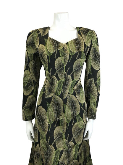VTG 60S 70S BLACK GREEN GOLD LEAF LUREX SWEETHEART PARTY MIDI DRESS 1214 M