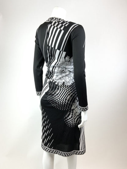 VINTAGE 60s 70s BLACK WHITE STRIPED FLORAL OP-ART FITTED KNEE-LENGTH DRESS 12 14