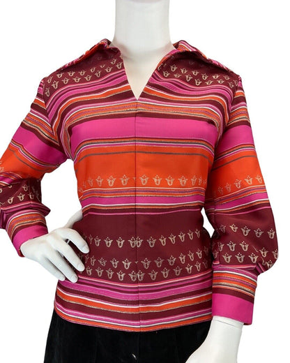 VINTAGE 60s 70s PINK GOLD STRIPED DAGGER COLLAR MOD PARTY BLOUSE SHIRT 20 22
