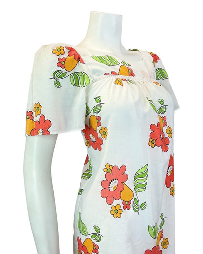 VINTAGE 60s 70s WHITE RED YELLOW FLORAL SUMMER MOD TENT YOKE DRESS 10