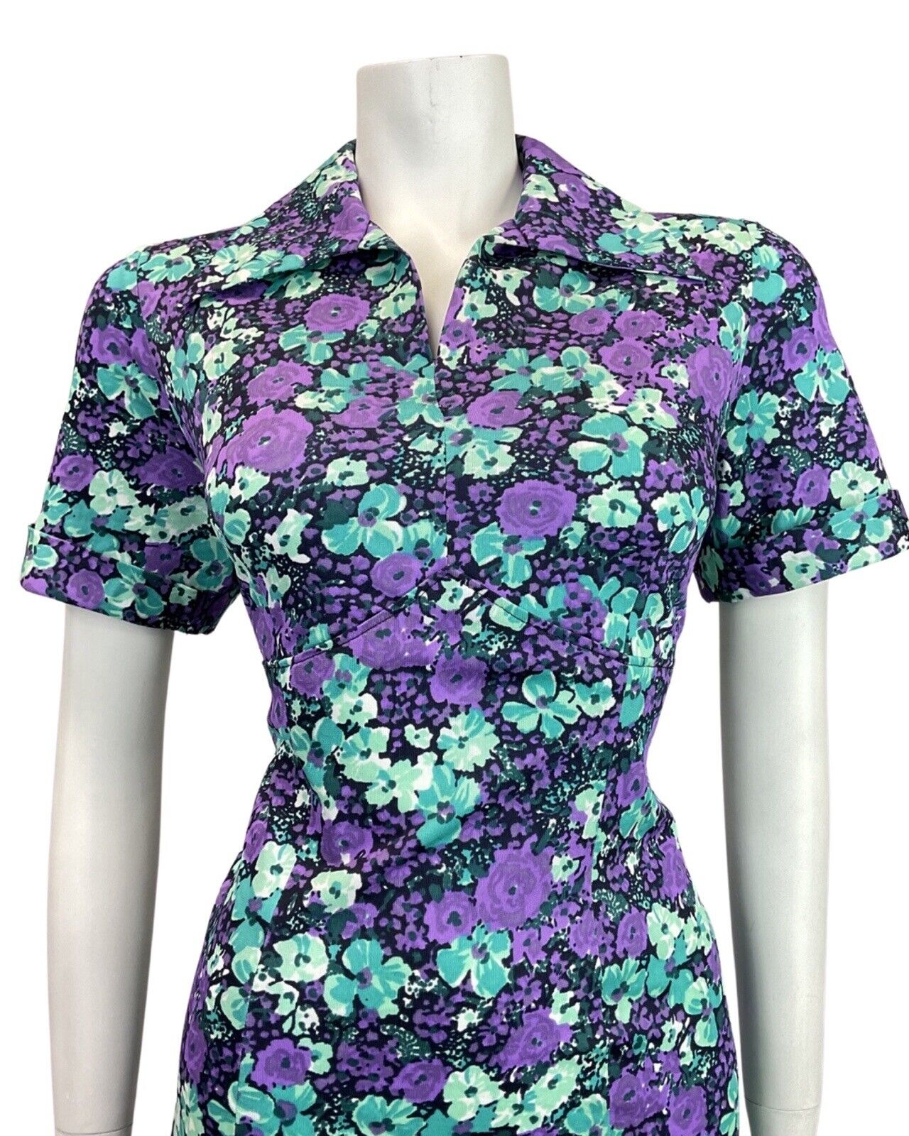 VINTAGE 60s 70s PURPLE BLUE MINT FLORAL DITSY PSYCHEDELIC MOD SHIRT DRESS 14 16