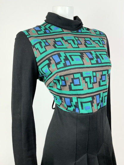 VINTAGE 60s 70s BLACK GREEN BLUE GEOMETRIC TURTLENECK PLEATED SKATER DRESS 14 16