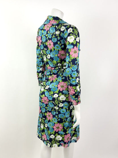 VINTAGE 60s 70s BLUE GREEN PINK WHITE FLORAL DAGGER COLLAR SHIRT DRESS 10 12