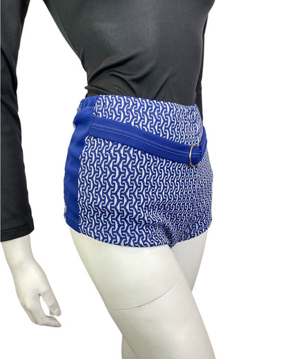 VINTAGE 60s 70s BLUE WHITE GEOMETRIC BELTED MOD HIGH-WAISTED SWIM SHORTS 8 10