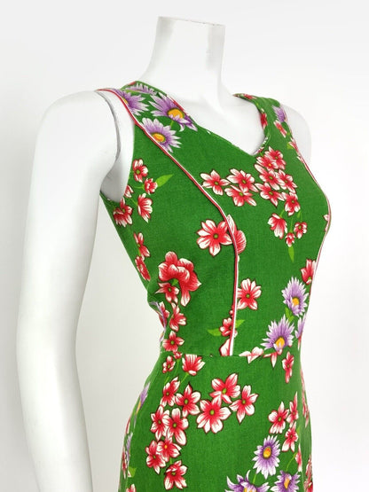 VINTAGE 60s 70s GREEN PURPLE RED HAWAIIAN FLORAL COTTON SUMMER DRESS 4 6