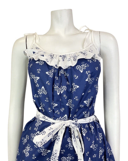 VINTAGE 70s BLUE WHITE FLORAL GRAPE VINE BOHO PRAIRIE SUMMER SUN-DRESS 18 20