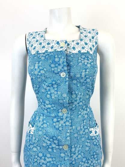 VINTAGE 60s 70s BRIGHT BLUE WHITE DOTTY FLORAL SLEEVELESS MOD SUMMER DRESS 10 12