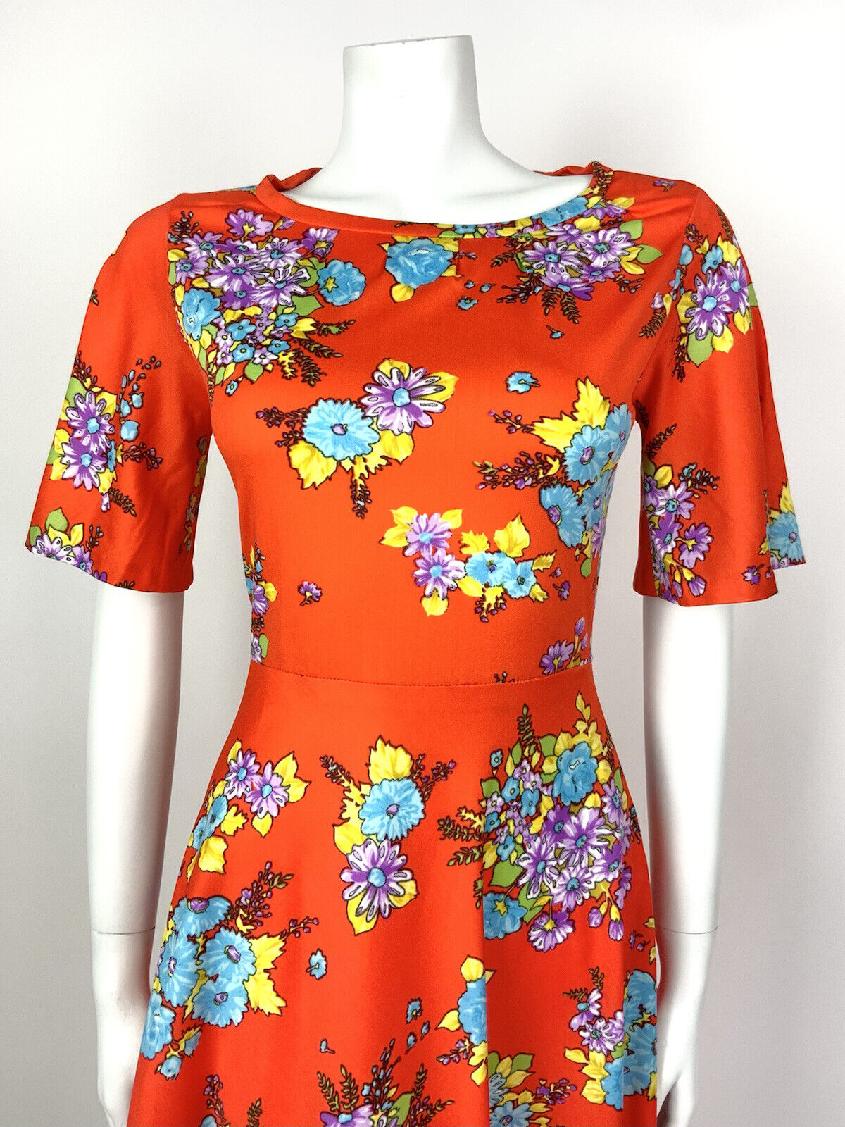 VINTAGE 60s 70s ORANGE PURPLE BLUE YELLOW FLORAL SWING SUMMER DRESS 8 10