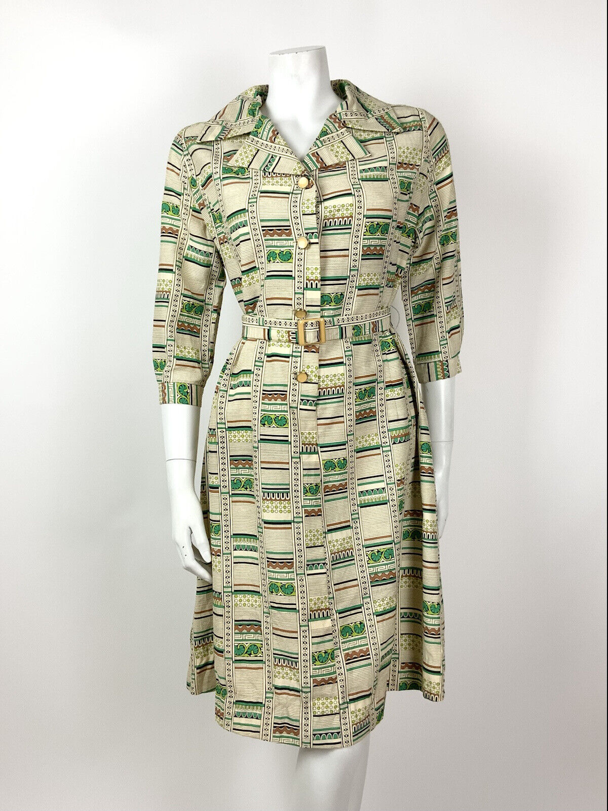 VTG 60s 70s CREAM GREEN BLACK BROWN STRIPED FLORAL GEOMETRIC SHIRT DRESS 14 16