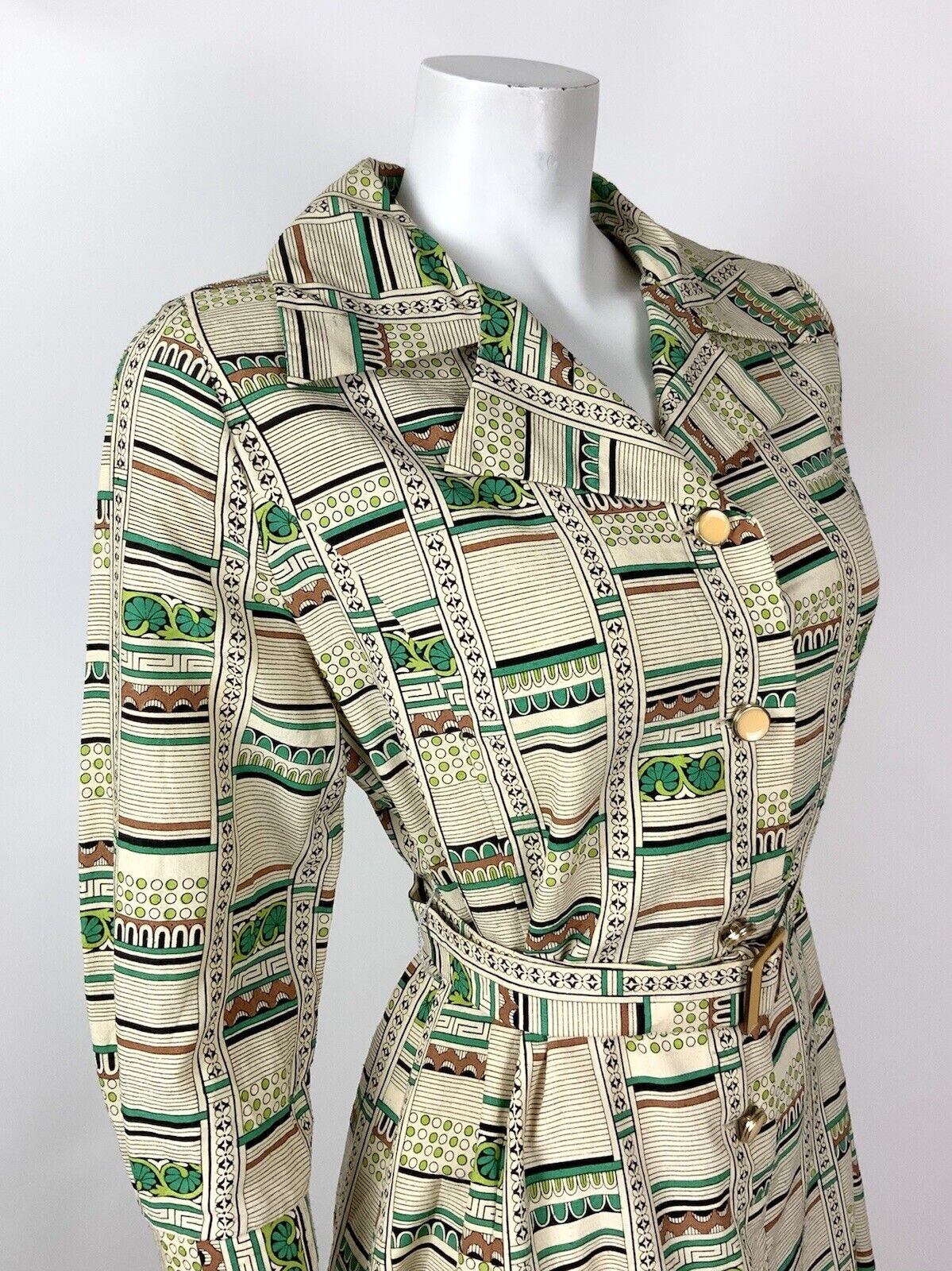 VTG 60s 70s CREAM GREEN BLACK BROWN STRIPED FLORAL GEOMETRIC SHIRT DRESS 14 16