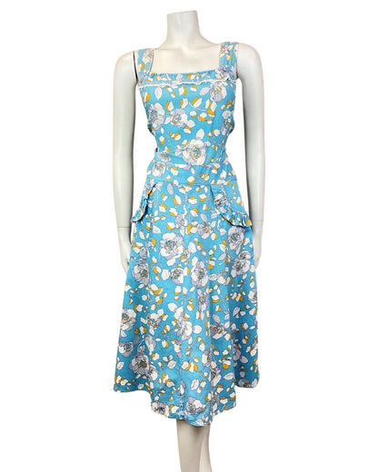 VINTAGE 60s 70s BLUE WHITE GOLD FLORAL LACE PINAFORE SUMMER DRESS 12 14