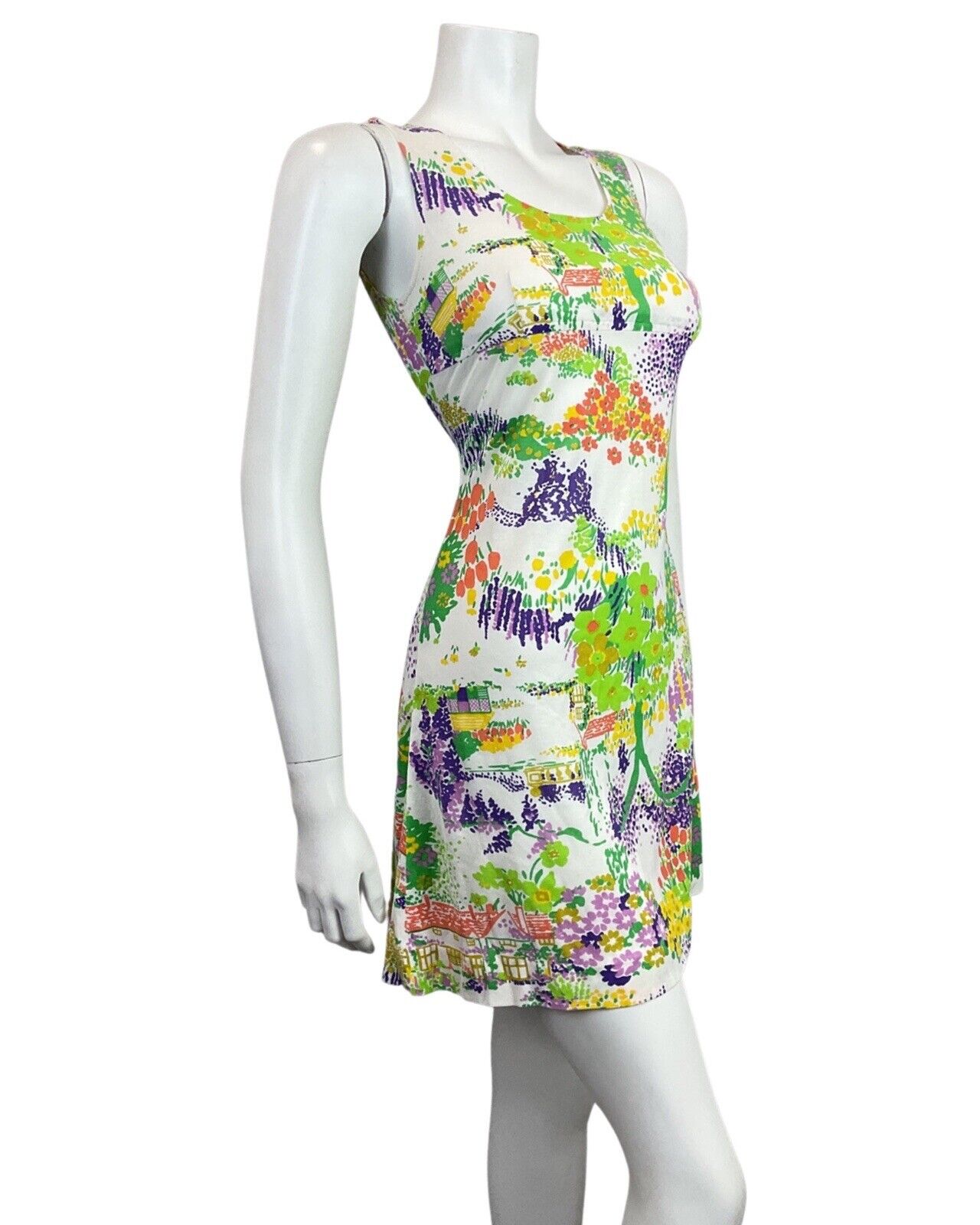 VINTAGE 60s 70s WHITE GREEN PURPLE FLORAL TREE COTTAGE SUMMER SHORT DRESS 8