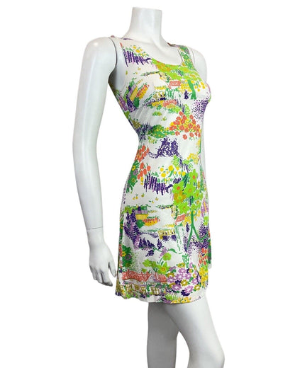 VINTAGE 60s 70s WHITE GREEN PURPLE FLORAL TREE COTTAGE SUMMER SHORT DRESS 8