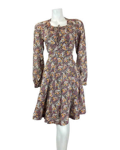 VINTAGE 60s 70s BROWN PURPLE WHITE DOTTY PSYCHEDELIC MOD SWING DRESS 10