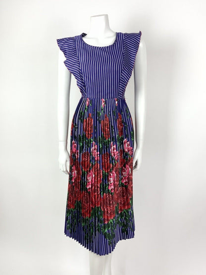 VTG 60s 70s BLUE WHITE RED PINK PIN STRIPE FLORAL ROSE PLEATED PRAIRIE DRESS 10