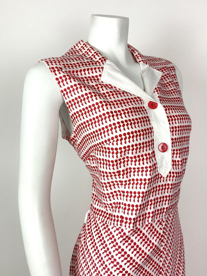 VINTAGE 60s 70s RED WHITE DOTTY GEOMETRIC SLEEVELESS SHIRT DRESS 12 14